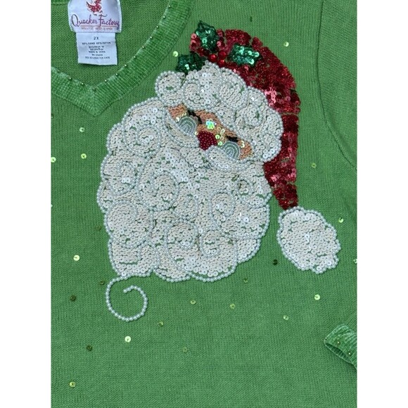 Vintage Quacker Factory Ugly Christmas Sweater Santa Beaded Sequin Green 2x - Picture 2 of 4